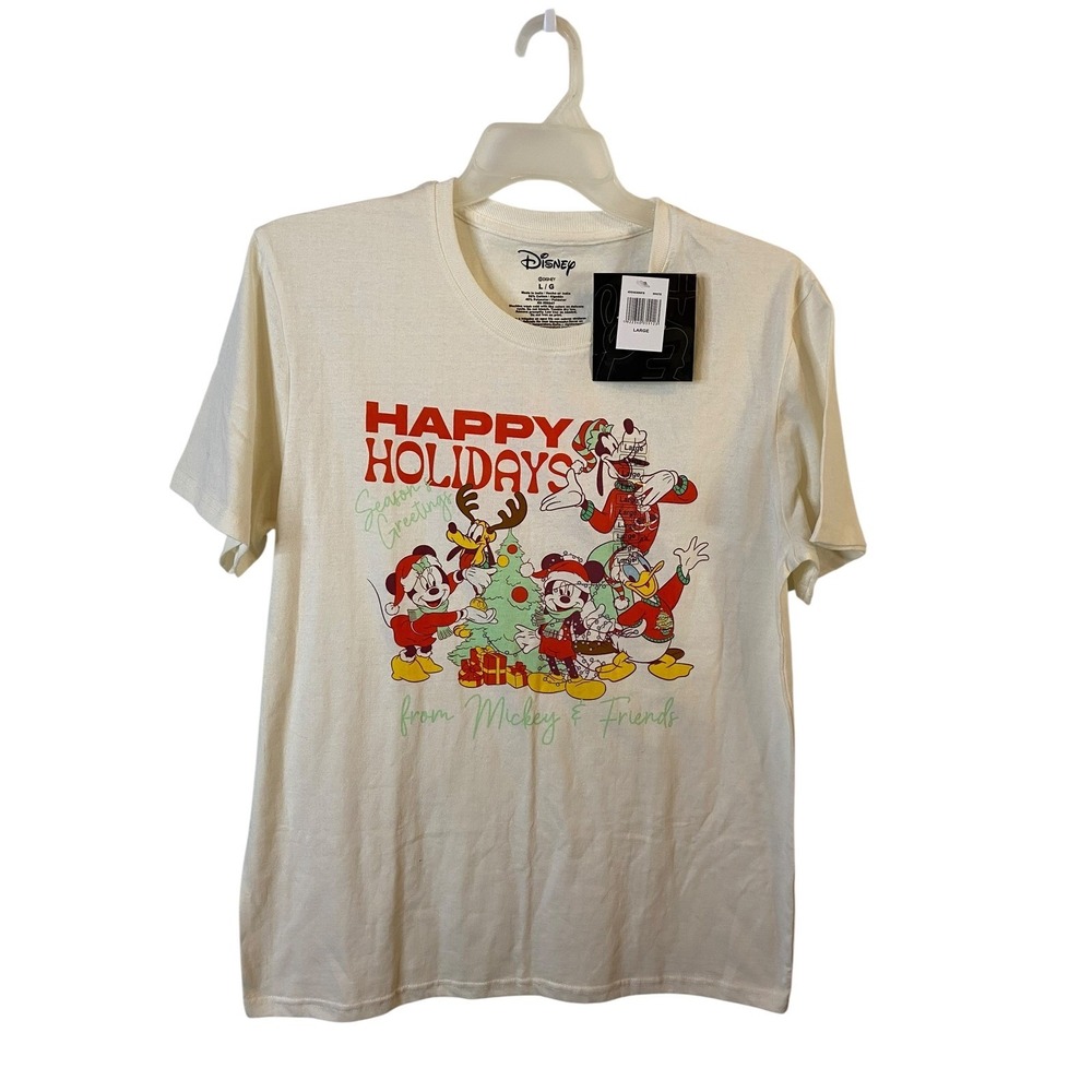 Disney Mickey & Friends Happy Holidays Christmas T-Shirt Cream Large NWT New Tee